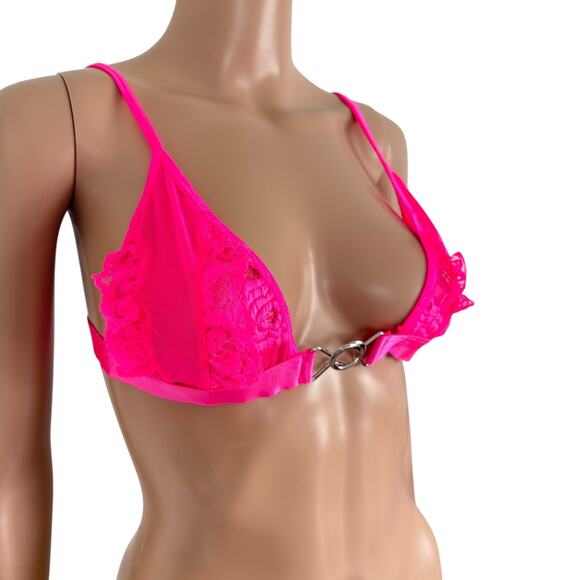 Y2K Neon Pink Lace Sheer Bralette One Size Triangle Barbiecore Loungewear Rave - Picture 2 of 7